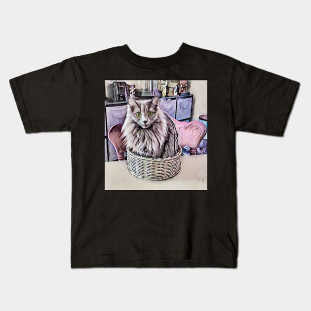 Grey Green Eyed Cat In Basket Kids T-Shirt by PandLCreations